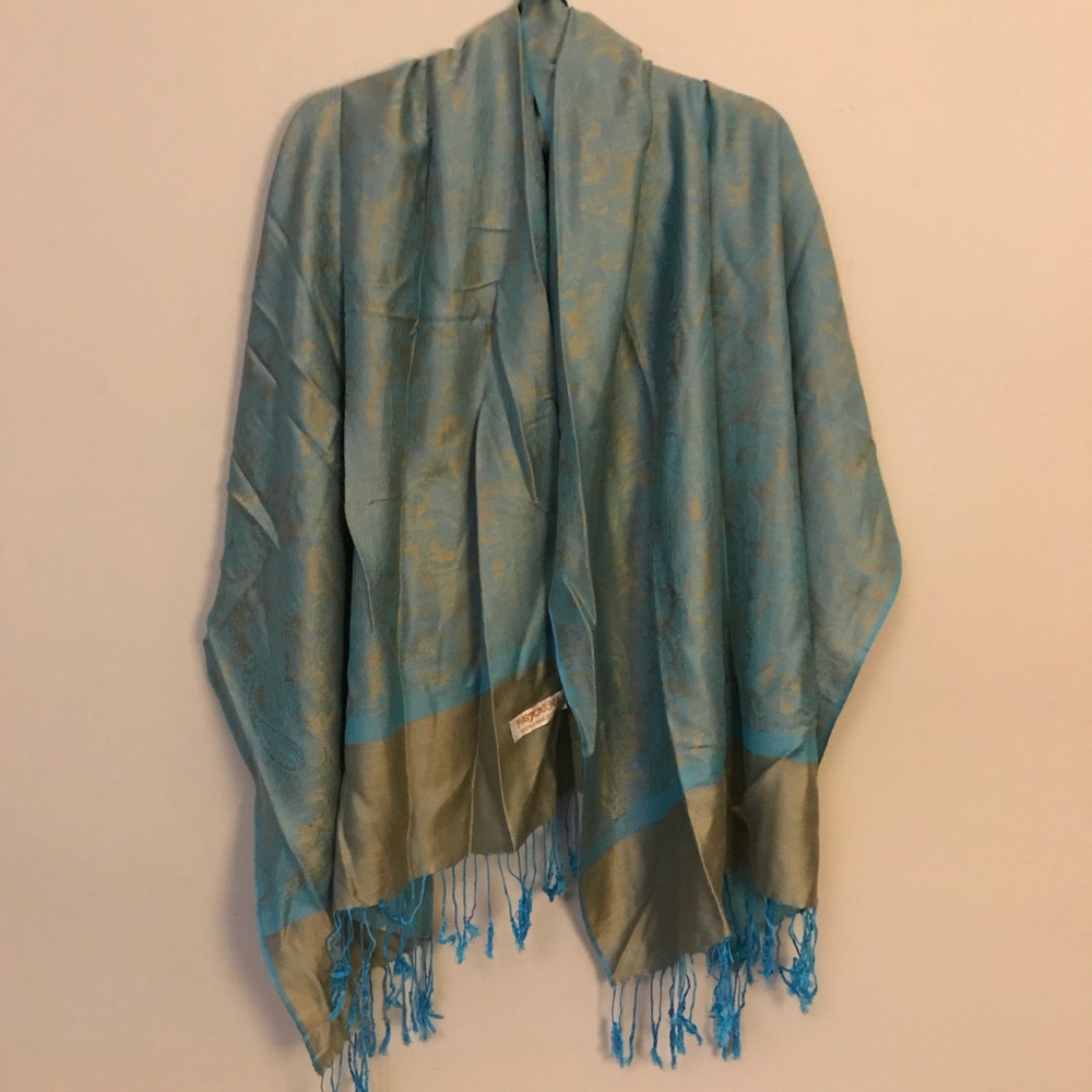 Turquoise & Gold Pashmina Silk Blend Scarf